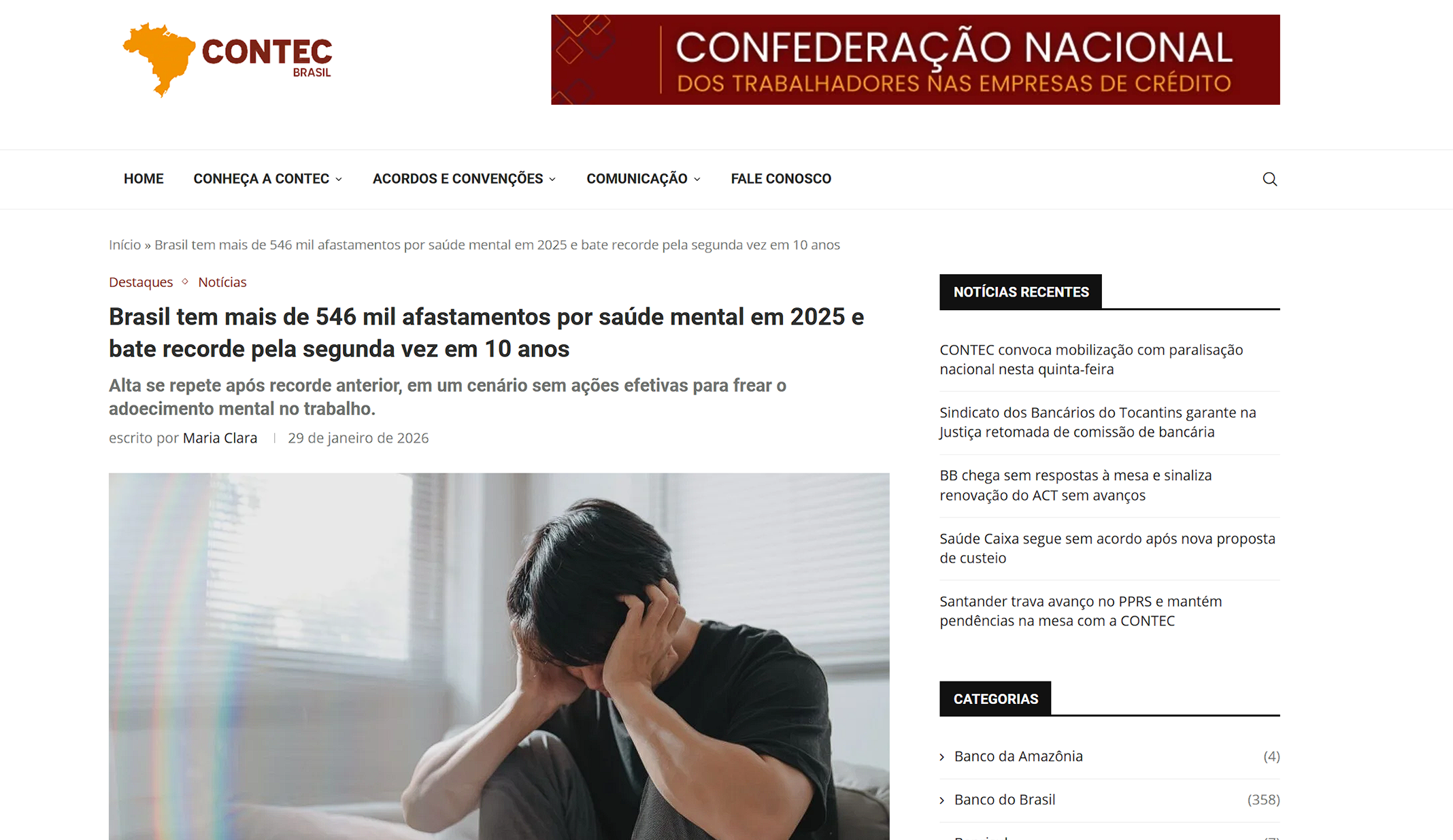 Reportagem da Contec sobre recorde de afastamentos por saúde mental em 2025
