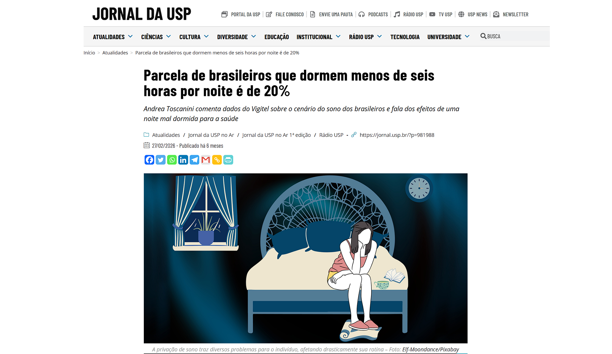 Reportagem do Jornal da USP sobre brasileiros que dormem menos de seis horas por noite